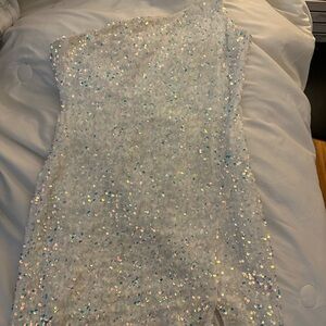 One Shoulder Sequin Dress - White iridescent